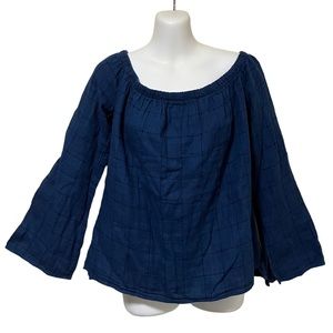 Cloth & Stone Embroidered Windowpane Off the Shoulder Bell Sleeve Top in Blue